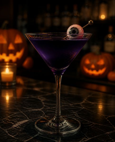 Purple martini with an eyeball garnish and carved pumpkins behind