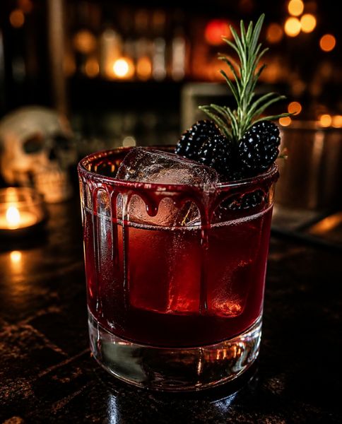 Blood red cocktail with blackberries and a dripping rim